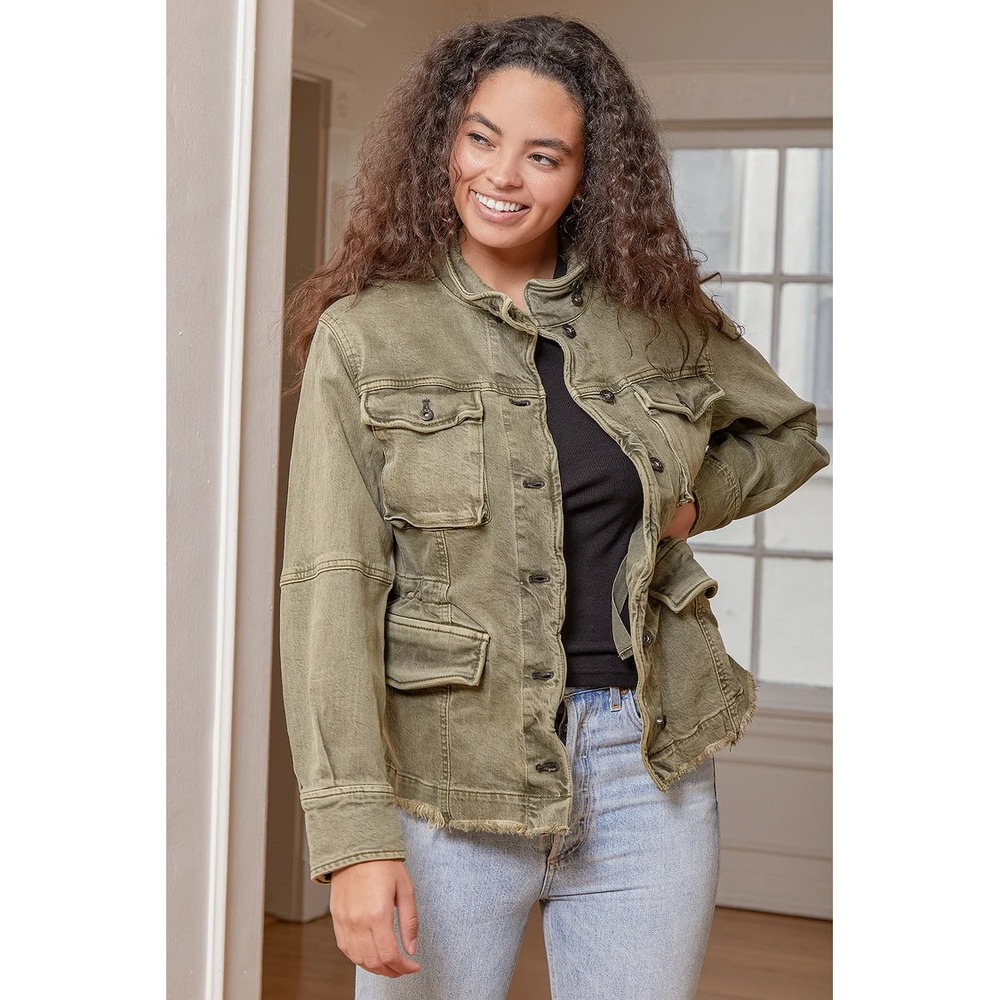 Free People Jacket Womens XS Olive Green Utility Cargo Military Distressed Hem